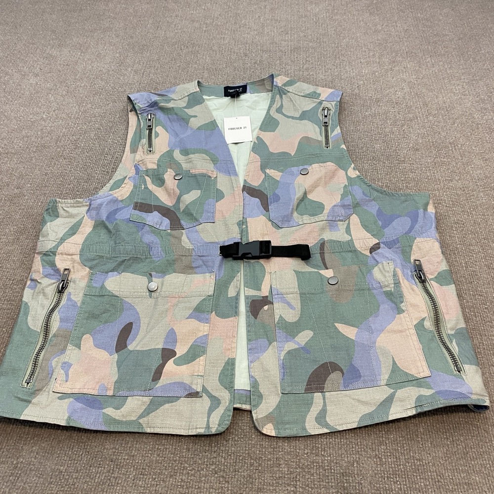 Forever 21 Vest Mens XL Multicolor Camo Canvas Belted Utility Zipper Pockets